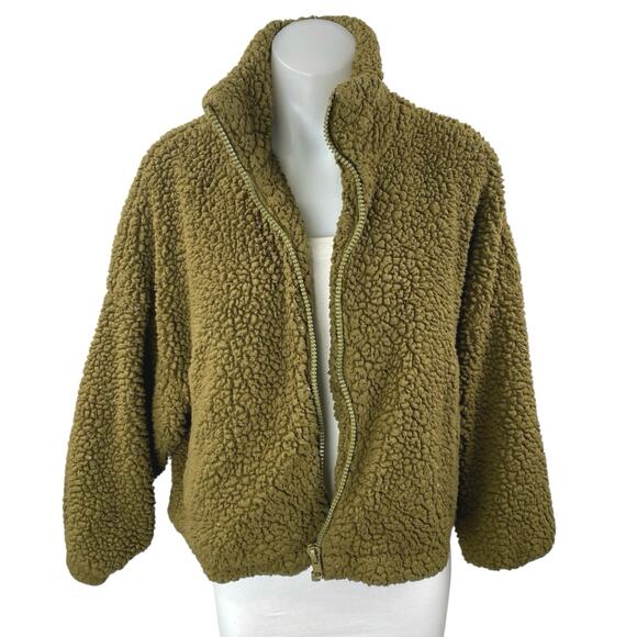 Urban Outfitters Willow Olive Green Sherpa Fleece Zip Up Teddy Sweater Jacket S - Picture 1 of 3